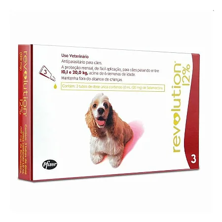 ANTIPULGAS REVOLUTION 12% VERMELHO (PARA CÃES DE 1O,1 A 20 KG) - 3 PIPETA